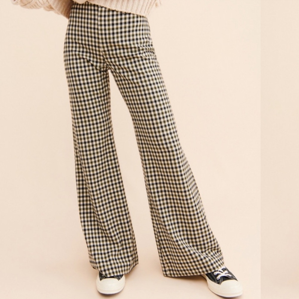 Free People Jules Plaid Wide Leg Green Cream Black Checkered Trousers or Pants 8